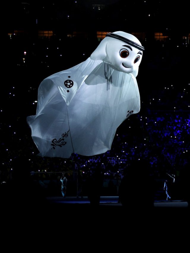 larger than life laeeb floating at the world cup opening ceremony in doha qatar