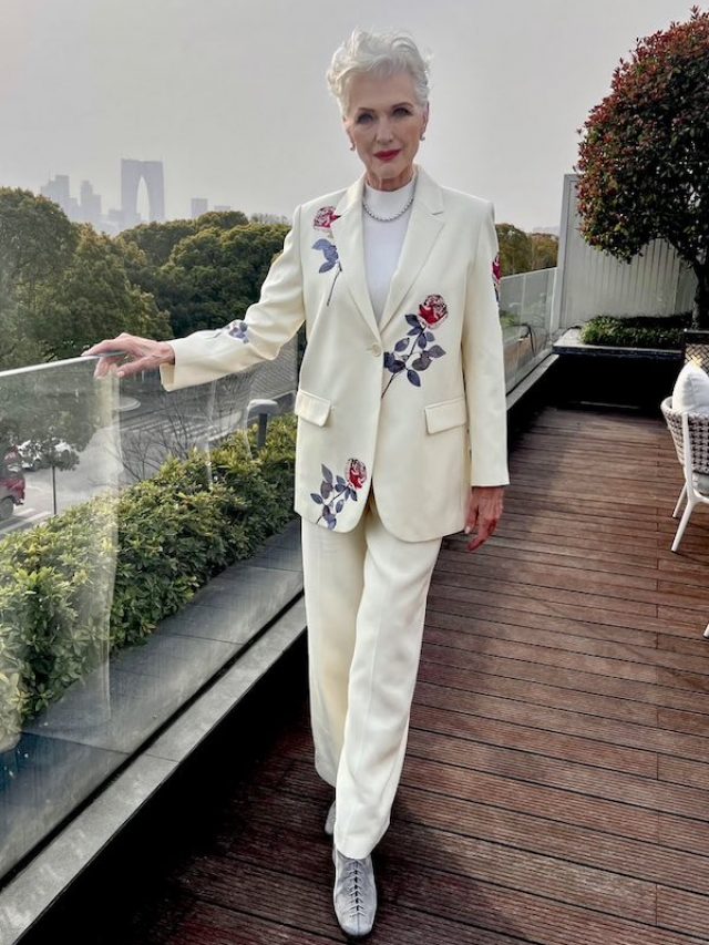 maye musk in a cream erdos suit in suzhou